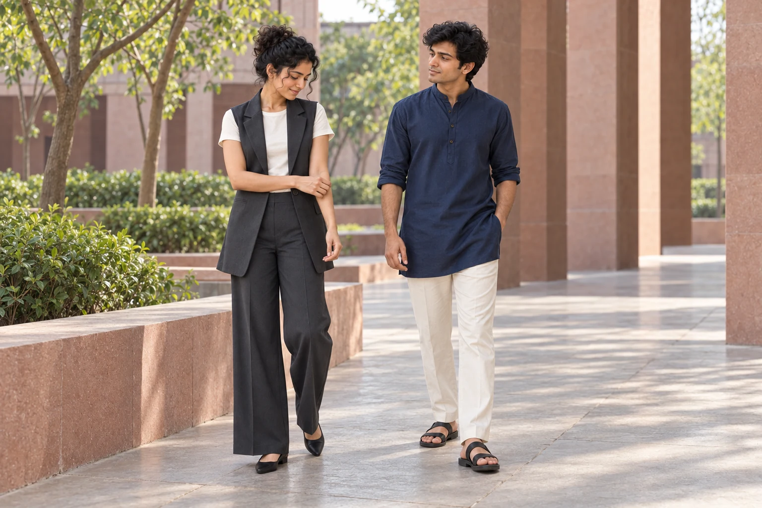 Campaign concept of two adult Indian models in a charcoal longline waistcoat and indigo short kurta, pausing in a sandstone courtyard